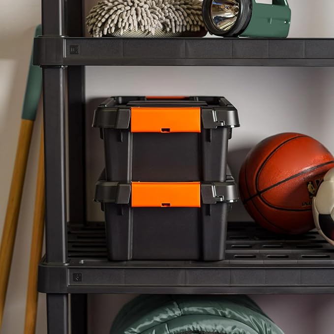 3 Gal. Heavy Duty Plastic Storage Bins with Lockable Lids - Stackable Latching Totes for Tools, Seasonal Items, Sports Equipment, Black