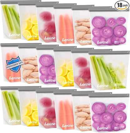 Lerine 18 Pack Reusable Gallon Freezer Bags Stand-Up Dishwasher Safe, BPA-Free Reusable Gallon Bags, Leakproof Food Storage Bags for Meat Vegetables Bread Travel (Gray, 18Gallon)