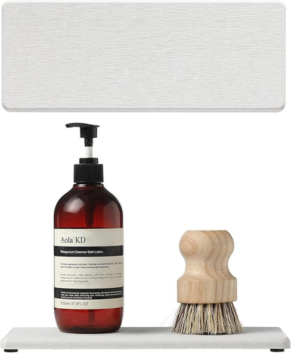 2PCS Beige Bathroom Sink Vanity Trays, Water Absorbing Diatomite Stone Drying Soap Dish Dispenser for Kitchen Counter, Sponge Holder Mat Rack Faucet Splash Guard Caddy Organizer, 9"x3.5"