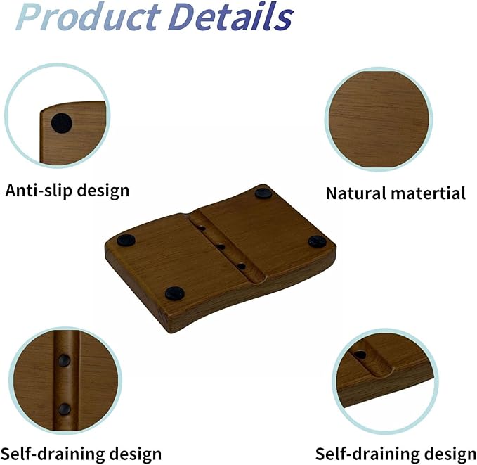 Wood Self-Draining Bar Soap Holder, Natural Rubberwood Soap Dish with 3 Drainage Holes, Non-Slip Soap Saver Tray for Bathroom & Kitchen, Rustic Wooden Sponge/Soap Case, Brown, 1-Pack