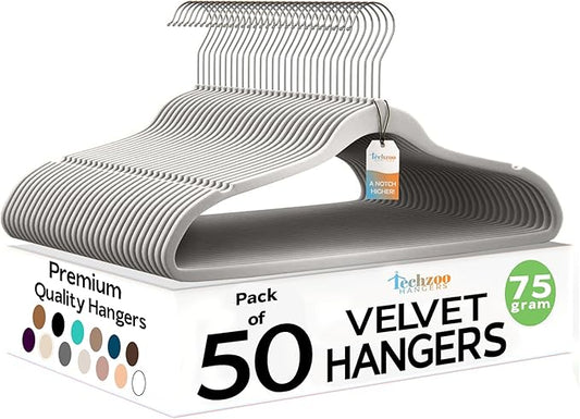 Techzoo Premium Velvet Hangers 50 Pack Ultra Thin Non Slip Adult Felt Space Saving Suit Hanger for Closet Heavy Duty Coat Pants Jackets Dress Hangers 360° Swivel Hook Hold Upto 10 lbs Silver Birch