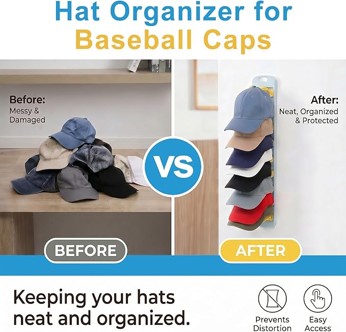Hat Organizer for Baseball Caps 2 Pack, Detachable Hat Rack for Wall Hold up to 40 Hats, Dual Mounting Ways Universal Hat Holder for Closet, Door, Wall, Yellow & Red