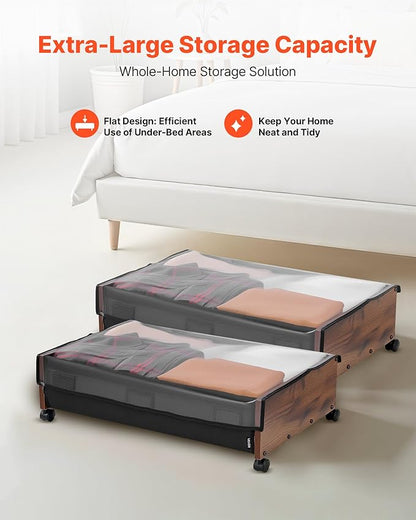 VEVOR Under Bed Storage with Wheels, 36.0 x 18.1 x 7.3 inch, Underbed Containers with Clear Lid, Underbed Shoe Organizer, Rolling Under the Bed Storage Bins for Clothes Shoes Blankets Bedroom, 2 Pack
