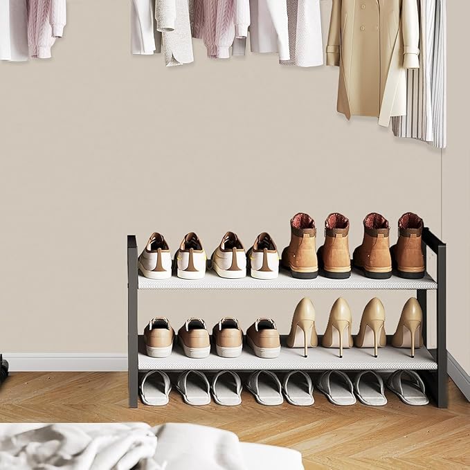 Shoe Rack for Closet & Entryway, Stackable Shoe Organizer, Screw-Fastened Metal Frame for Less Wobble, Heel-Friendly Non-Woven Shelves, 11.8" Deep Space-Saving Shoe Storage (Black, 2-1 Tier) (2-1)