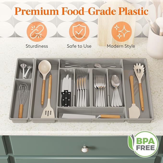 Lifewit Silverware Organizer, Plastic Kitchen Utensil Drawer Tray, Cutlery Flatware Storage Holder for Spoons Forks Knives, 28 x 16"/ 72 x 42cm, 10 Compartment, Gray