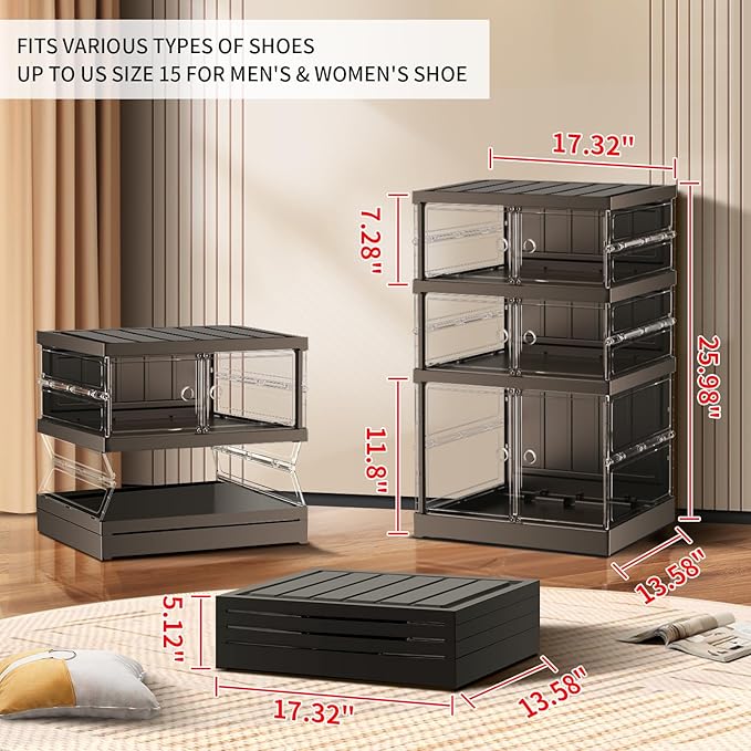 CIMLORD 3 Tier Foldable Shoe Rack for Closet Entryway 3-6 Pairs Stackable Clear Shoe Storage Boxes with Lids Small Shoes Shelf with Door Plastic Organizer Cabinet Easy Assembly Black