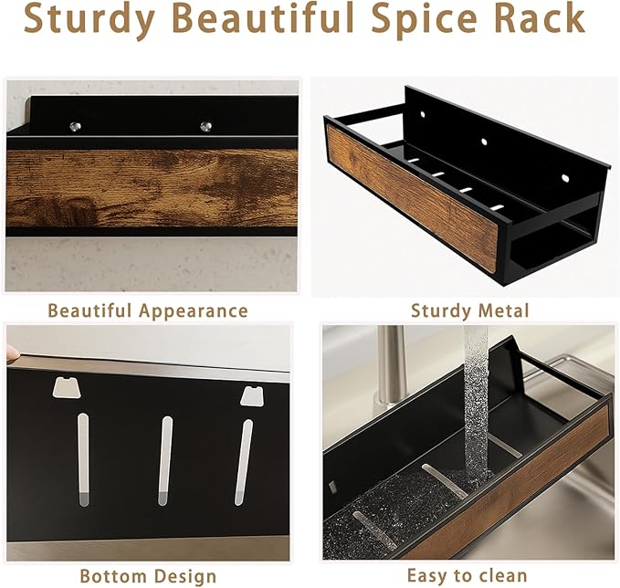Spice Rack Wall Mount for Large Spice Jars, 6 Pack Ironwood Spice Organizer shelf for Rustic, Industrial and Modern Kitchens,Quick Adhesive Strips and Screws for Mounting (Engineered Wood)