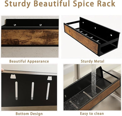 Spice Rack Wall Mount for Large Spice Jars, 6 Pack Ironwood Spice Organizer shelf for Rustic, Industrial and Modern Kitchens,Quick Adhesive Strips and Screws for Mounting (Engineered Wood)