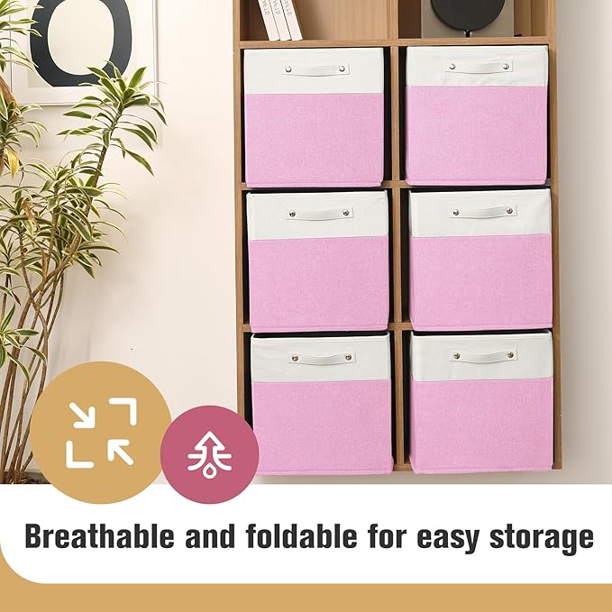 FinishingBo 13 x 13 Inch Fine Linen Storage Bins with Handles，Fabric Cube Boxs，Basket Organizers for Shelves for Home, Closet Drawers (White/Pink-4 Pack)