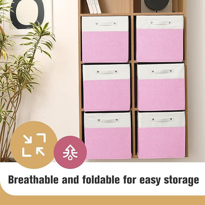 FinishingBo 13 x 13 Inch Fine Linen Storage Bins with Handles，Fabric Cube Boxs，Basket Organizers for Shelves for Home, Closet Drawers (White/Pink-6 Pack)