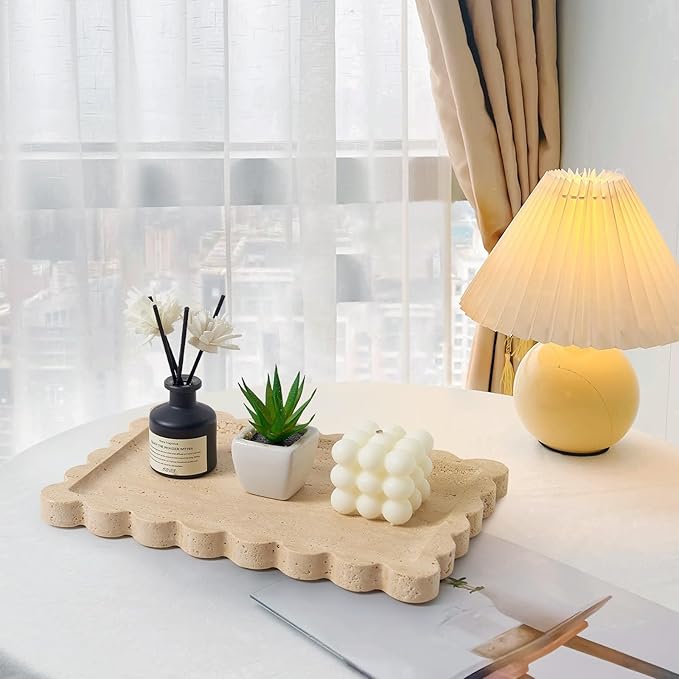 Real Natural Scalloped Travertine Tray for Bathroom, Vanity, Kitchen and Desktop, Decorative Stone Tray for Jewelry, Cosmetics, Candles, Lotion, Perfume and Home Décor (Travertine, 12" x 8")