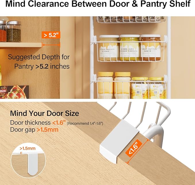 Delamu Narrow Over The Door Pantry Organizer, 8-Tier Metal Pantry Door Organization and Storage for Easy Install, Hanging Spice Rack Shelves, Door Organizer for Kitchen, 4.65"D x 13"W x 65"H, White