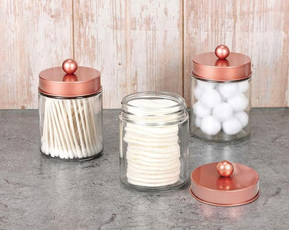 Amolliar Apothecary Jars Bathroom Storage Organizer -Countertop Storage Organizer Canister - Attractive Qtip Dispenser Holder Glass with Lid- for Cotton Swabs,Bath Salts,Hair Band / 2-Pack(Rose Gold)