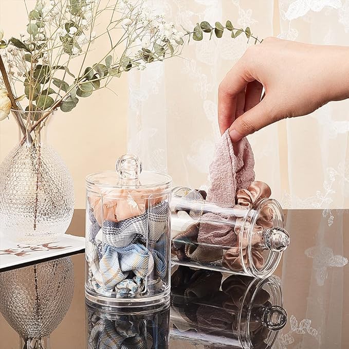 PH PandaHall 2pcs Acrylic Scrunchie Display Stand, Small Hair Ties Storage Organizer Clear Scrunchie Holder with Lid Hair Accessories Storage Rack for Women, 4.6 inch in Height