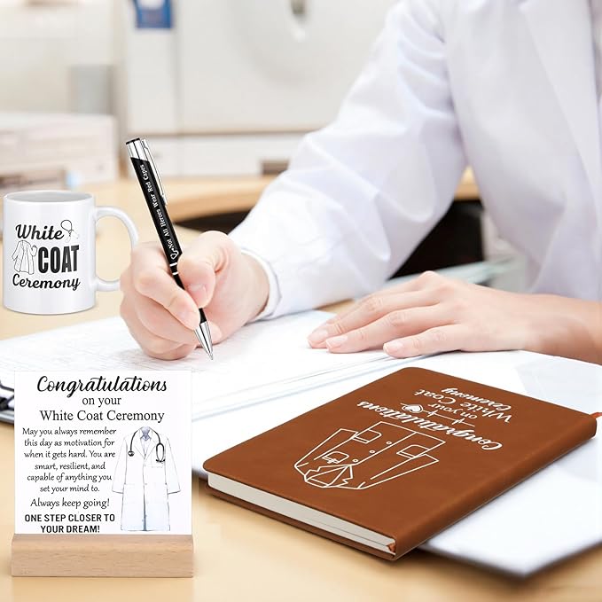 Gerrii 6 Pcs White Coat Ceremony Gifts for Men Women Include First White Coat Hanger Keychain Pen Notebook Ceramic Mug and Wooden Base for Veterinary Pt Nurse Podiatrist Medical Graduation Gift