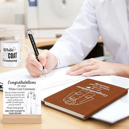 Gerrii 6 Pcs White Coat Ceremony Gifts for Men Women Include First White Coat Hanger Keychain Pen Notebook Ceramic Mug and Wooden Base for Veterinary Pt Nurse Podiatrist Medical Graduation Gift