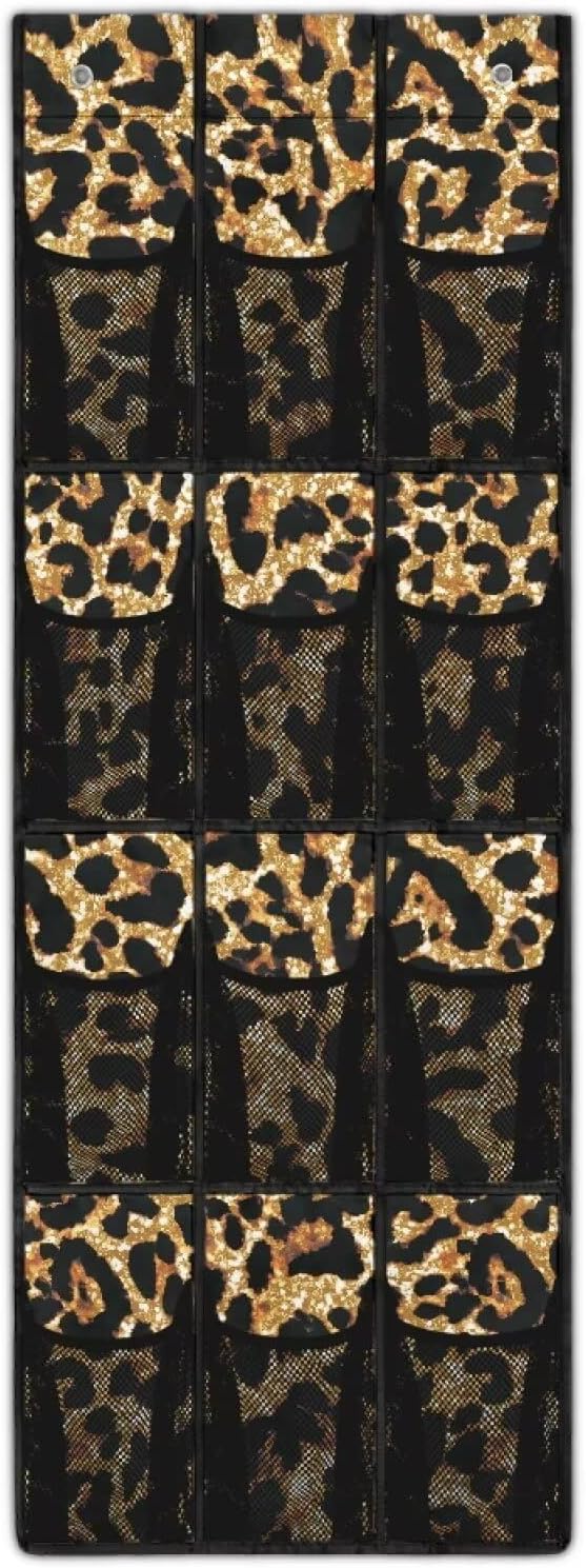 Over the Door Shoe Organizer,Leopard Print Design Hanging Storage Bags with 12 Mesh Large Pockets,Hanging Shoe Storage Waterproof Reusable