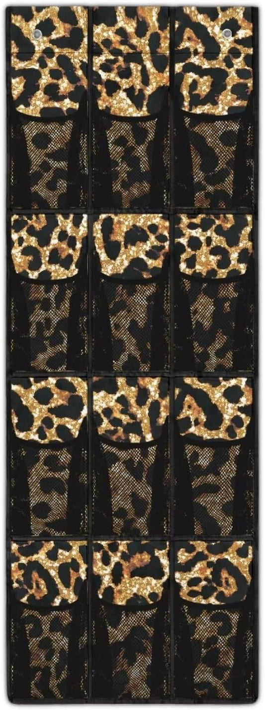 Over the Door Shoe Organizer,Leopard Print Design Hanging Storage Bags with 12 Mesh Large Pockets,Hanging Shoe Storage Waterproof Reusable