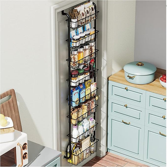 Over The Door Organizer - 4/6/8 Tier Removable Metal Storage Baskets for Pantry Bathroom Back of Door Adjustable Door Hanger Rack Black
