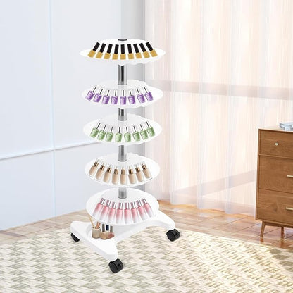 Nail Polish Trolley Display Stand, 5 Tiers Freestanding Nail Polish Spinning Rack with Wheels for Nail Salons, Home, Hold up 120 bottles, White