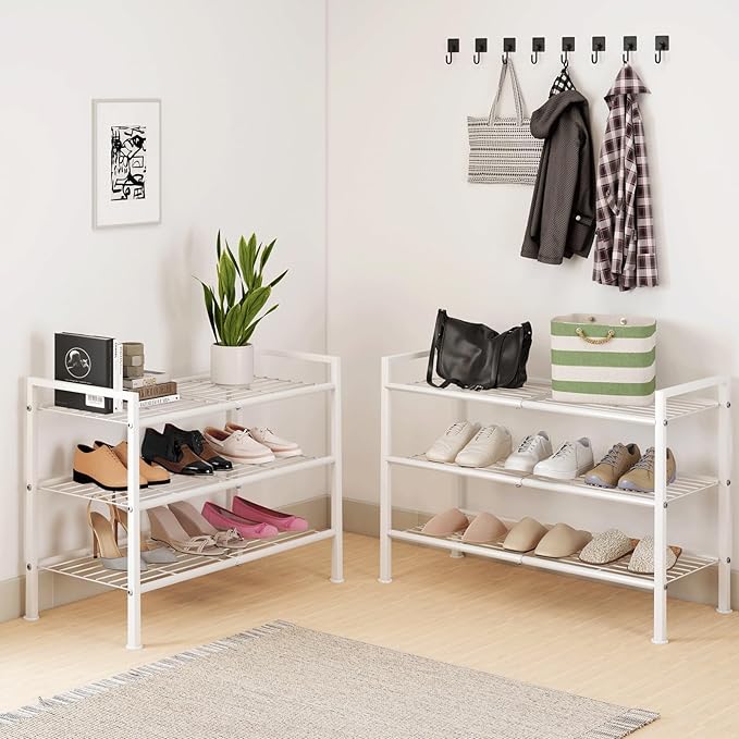 3-Tier Metal Shoe Rack, Sturdy Floor-Mounted Storage Organizer for Closet Entryway Garage Dorm Room, Easy Assembly Multi-Purpose Shelf, White