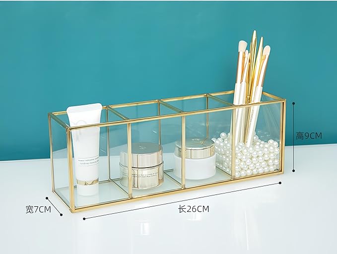 JIARI Gold 4-Compartment Desktop Organizer, Transparent Glass Makeup Brush Holder, 10.23x3.54x2.75 Inches Storage for Home Office and School Items (Gold-4 Slot)