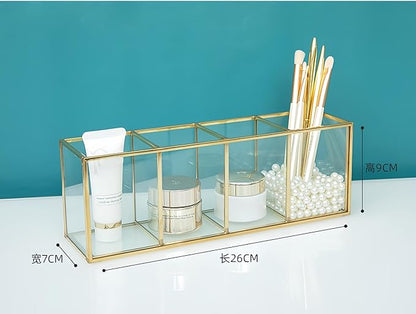 JIARI Gold 4-Compartment Desktop Organizer, Transparent Glass Makeup Brush Holder, 10.23x3.54x2.75 Inches Storage for Home Office and School Items (Gold-4 Slot)