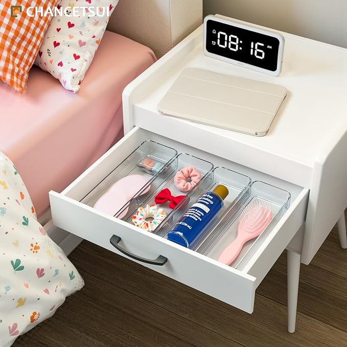 CHANCETSUI Clear Acrylic Drawer Organizer Storage: Stackable Plastic Storage Tray for Makeup and Personal Care, 4 Pieces, 3x9 Inch