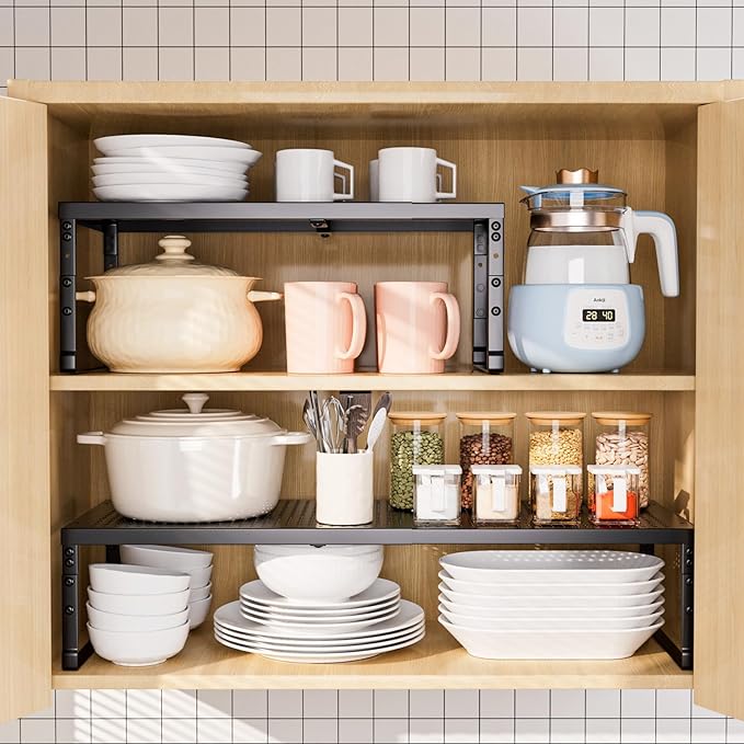 Cabinet Shelf,Expandable Adjustable Stackable Kitchen Organizer,for cabinets, Kitchens, countertops, bathrooms Shelf Organizer (2Packs/Black,Medium)
