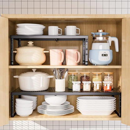 Cabinet Shelf,Expandable Adjustable Stackable Kitchen Organizer,for cabinets, Kitchens, countertops, bathrooms Shelf Organizer (2Packs/Black,Medium)