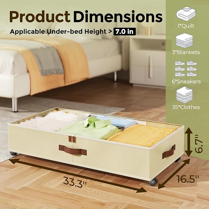 LAMU Under Bed Storage with Wheels, 2 Pack Under Bed Storage Containers with Clear Lids & Label, Rolling Under Bed Drawers for Clothes, Shoes, Blankets, Beige