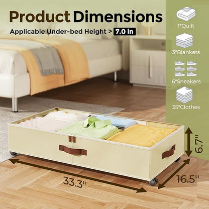 LAMU Under Bed Storage with Wheels, 2 Pack Under Bed Storage Containers with Clear Lids & Label, Rolling Under Bed Drawers for Clothes, Shoes, Blankets, Beige