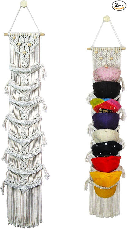 2 Pack 8-Tier Macrame Baseball Cap Organizer With Boho Hooks—Handwoven Boho Cap Holder,Macrame Hat Hangers-Space Saving Wall Storage for Living Room, Bedroom, Entryway