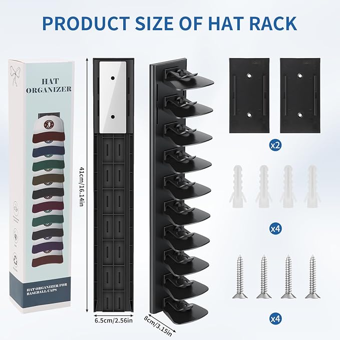 Enwokran Hat Organizer for Baseball Caps 2 Pack - Multilayer Hat Storage Rack with Strong Adhesive, 2 Mounting Options, Holds Up to 40 Hats, Wall/Door Mount for Bedroom Closet(Black)