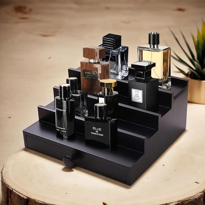 Black Cologne Organizer for Men - 4 Tier Wooden Perfume Display Stand with Drawer and Hidden Compartment for Organizing and Storing, Cologne Holder Shelf for Dresser