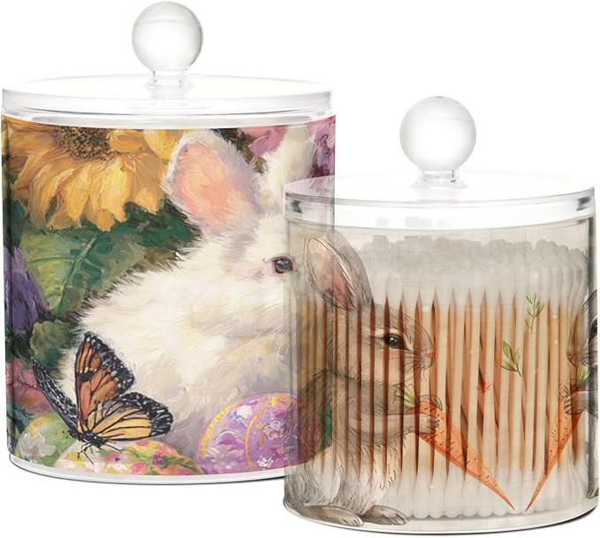 2 Pack Qtip Dispenser Apothecary Jars with Lids Cotton Round Holder Bathroom Canisters for Cotton Swab Floss Ball Pads Clear Plastic Decorative Easter Bunny Eggs Flowers Carrot