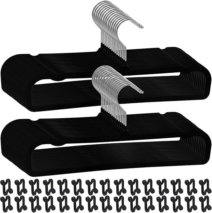 Pants Hangers Space Saving, 30 Pack Velvet Hangers for Closet with 30 Hooks, Strong Durable Non Slip Slim Clothes Hanger, Ultra Soft Flocked Hanger for Pants, Shirts, Bra, Shorts (Black)