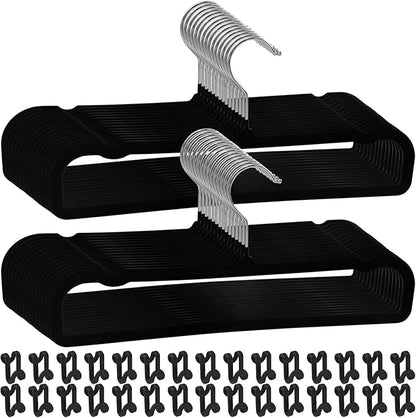 Pants Hangers Space Saving, 30 Pack Velvet Hangers for Closet with 30 Hooks, Strong Durable Non Slip Slim Clothes Hanger, Ultra Soft Flocked Hanger for Pants, Shirts, Bra, Shorts (Black)