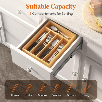 Lifewit Silverware Drawer Organizer, Utensil Tray for Kitchen, Flatware and Cutlery Holder, Storage for Spoons Forks Knives, 8.6 x 12.5", Natural
