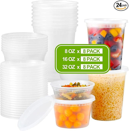 AOZITA 24 Sets Plastic Deli Food Containers With Lids, 8 oz 16oz 32oz Variety pack, Airtight Food Storage Containers, Freezer/Dishwasher/Microwave Safe, Soup Containers For Takeout Food Storage
