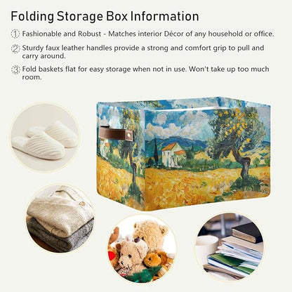 Large Storage Basket Tree Field Farmhouse Painting Storage Bin Cube Canvas Fabric Organizer Handles Collapsible for Clothes Toys Bedroom Decorative