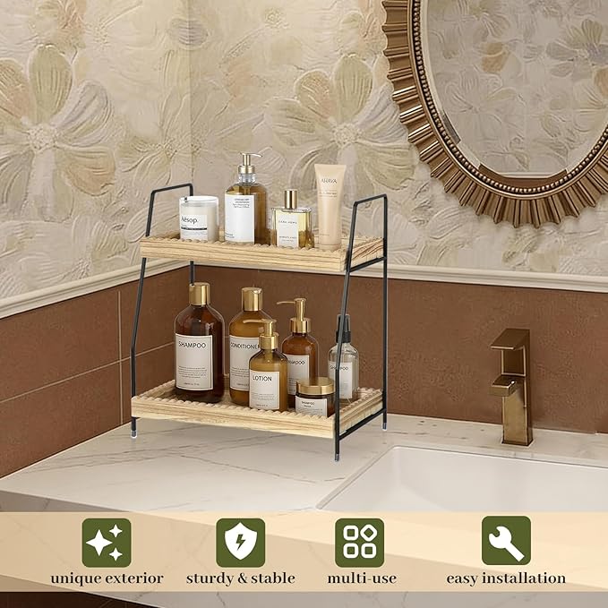 2 Tier Bathroom Countertop Organizer, Unique Slotted Edge Bathroom Organizers and Storage, Wood Counter Shelf for Storage, Countertop Organizer for Bathroom, Coffee, Kitchen