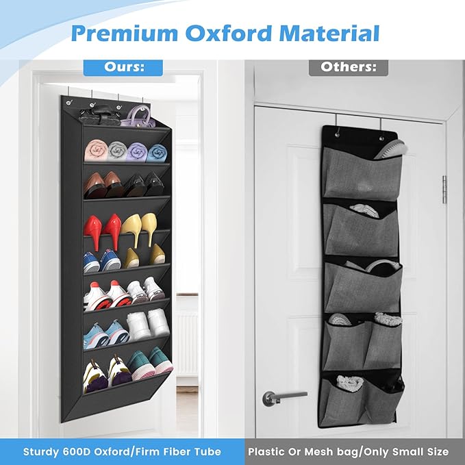 Over The Door Shoe Organizer Storage -8-Tier Shoe Rack for Boots/Sneakers/Closet, Heavy Duty Anti-Slip Hooks & Large Deep Pockets,Space Saving Hanging Shoe Organizers (Black)