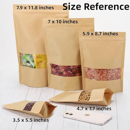 100pcs Kraft Paper Treat Bags with Window, Ziplock Stand Up Pouches for Packing Food Cookies Snacks