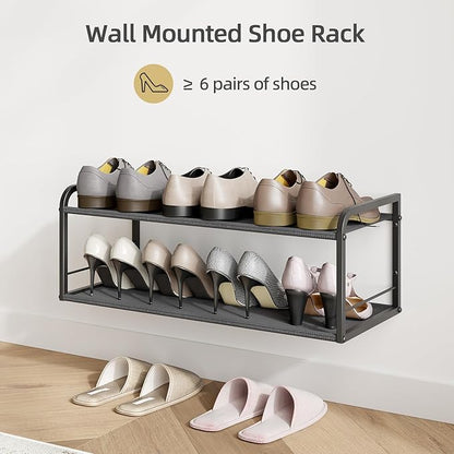 Wall Mounted Shoe Rack, Carbon Steel Shoe Organizer with Removable Oxford Cloth, Non-Slip Space-Saving for Entryway Closet Bedroom, Black