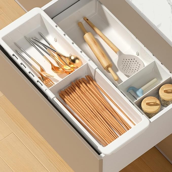 Sliding Drawer Tray with Adjustable Dividers, Expandable Kitchen Storage Organizer, Sliding Drawer Bin, Expandable Drawer Organizer, 2 PCS Drawer Organizer Trays For Utensils, Flatware, Junks