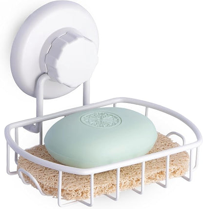 HASKO Suction Cup Soap Dish for Shower Wall, Rustproof Stainless Steel Shower Soap Holder with Hooks for Bathroom, Includes Optional No Drill Adhesive Mount and Soap Savers, 2 Pack, White