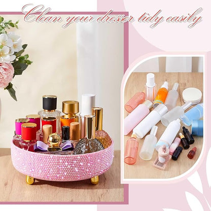 Honeydak Pink Bling Perfume Makeup Organizer Bling Mother's Day Nurses Day Gifts for Women Bathroom Organizers and Storage 360 Rotating Makeup Organizer for Countertop(Resin Stone)