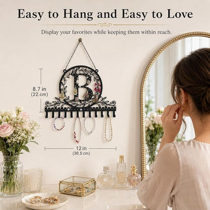 Wall-Mounted Metal Initial Letter B Earring Holder Hanging Jewelry Organizer for Earrings and Necklaces Space-Saving Wall Display with Hooks for Jewelry Storage