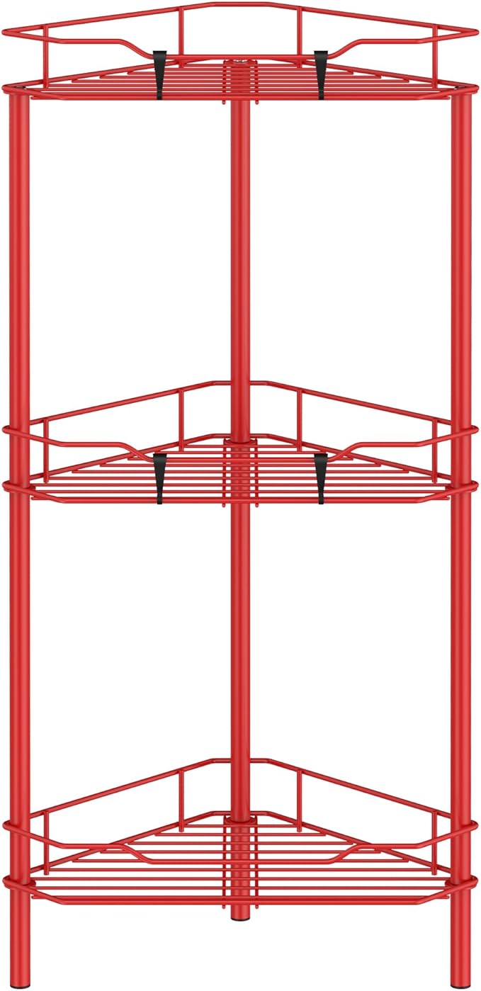 HuggieGems 3 Tier Floor Standing Corner Shower Caddy Organizer Shelf with Hooks, Bathroom Shelves Stand Rack, Red